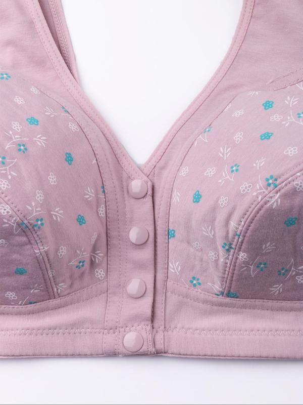 Plus Size Floral Print Button Front Bra, Comfy Breathable Wireless Bralette, Women's Plus Size Lingeries for All Seasons